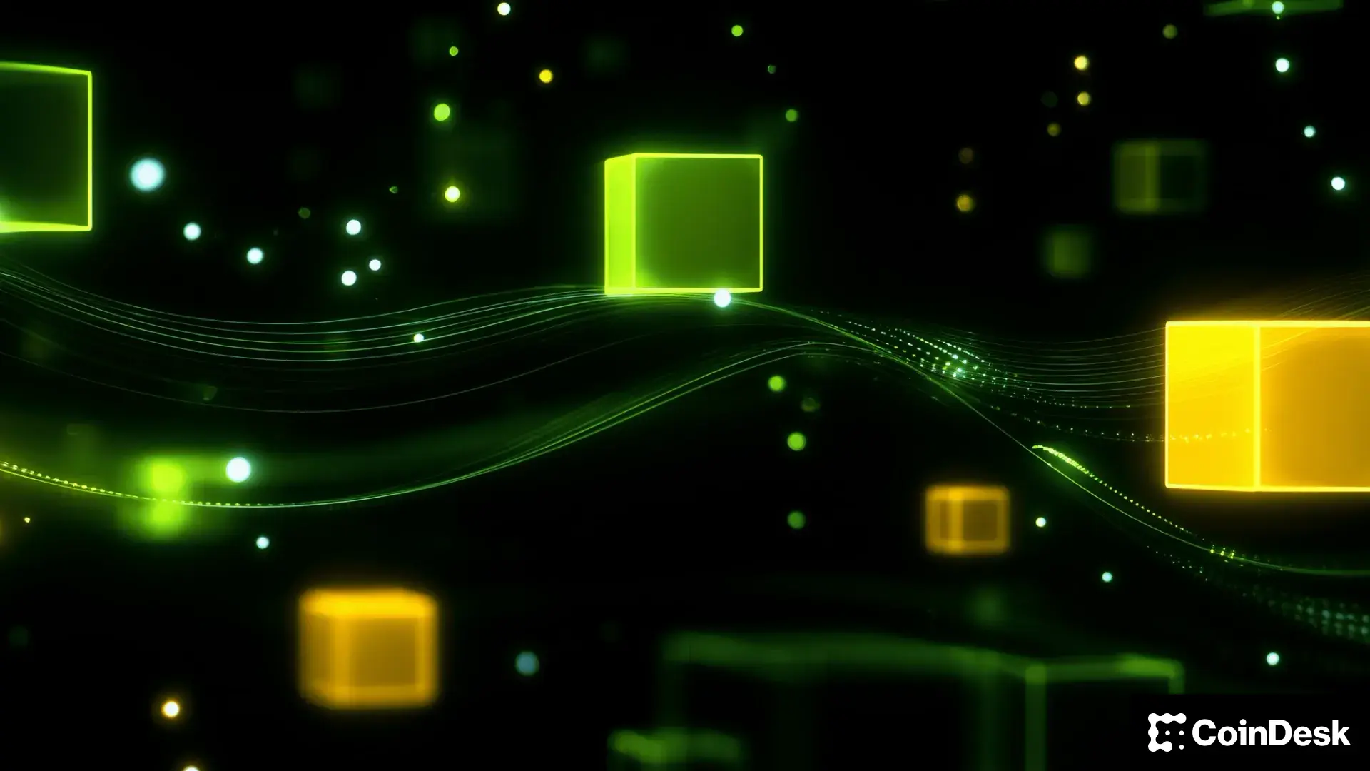 Abstract blockchain networks illustration with glowing cubes representing digital assets