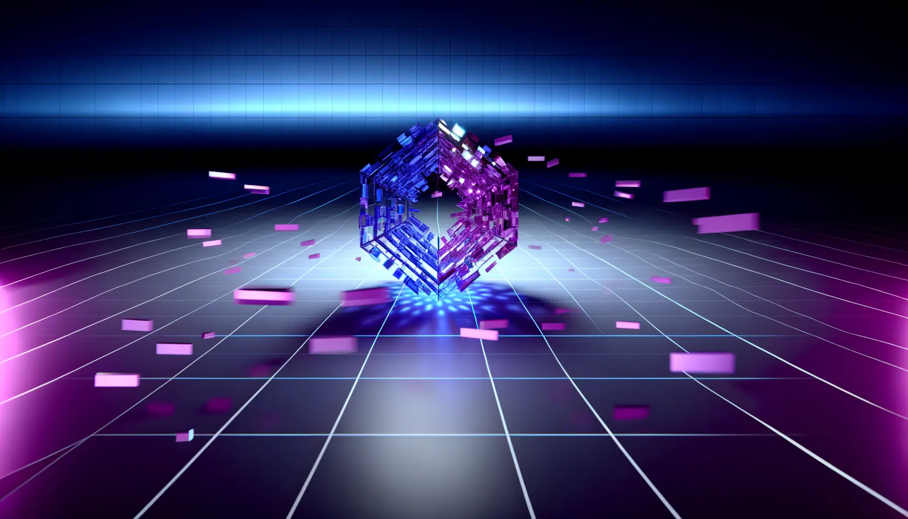 Studio-lit 3D quantum-safe cryptographic lattice structure glowing with magenta and indigo accents, symbolizing Algorand's institutional adoption and quantum-readiness.