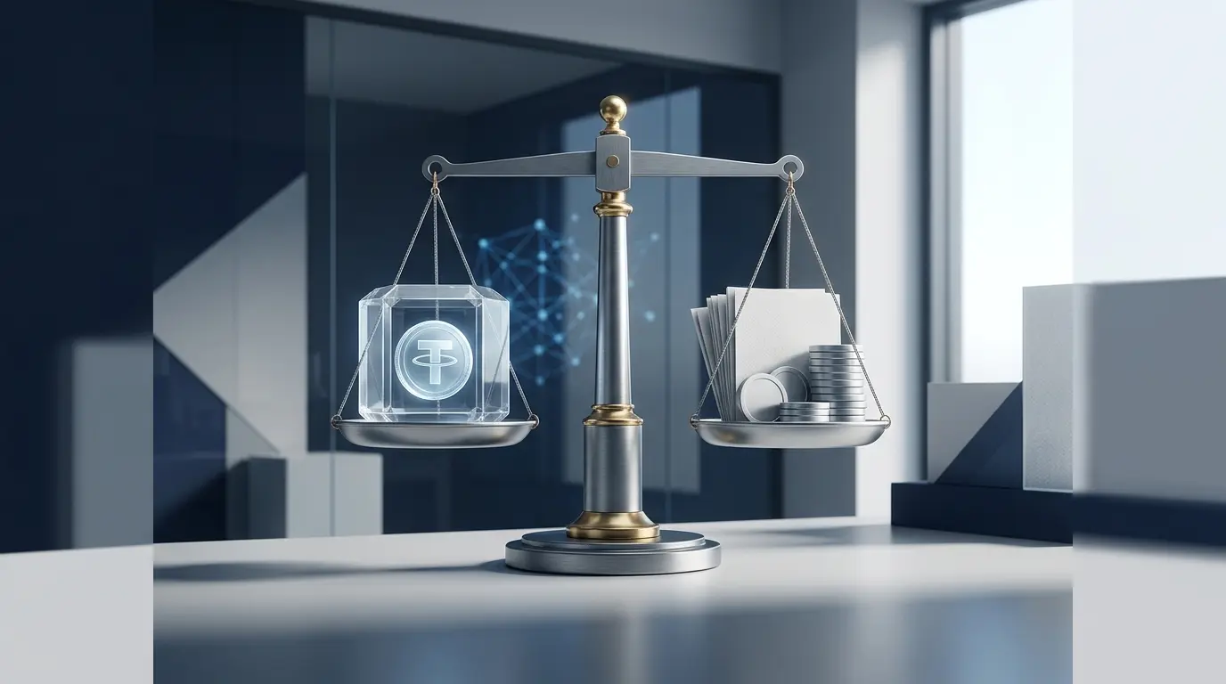 Balance scale and secured stablecoin reserve illustrate strict cash-equivalent accounting criteria.