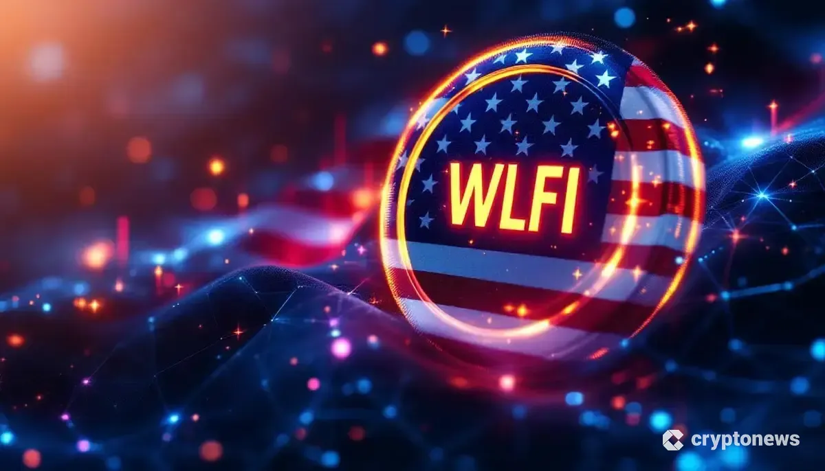 アメリカ国旗と未来的な金融インターフェースを背景に輝くWLFIトークンのシンボル