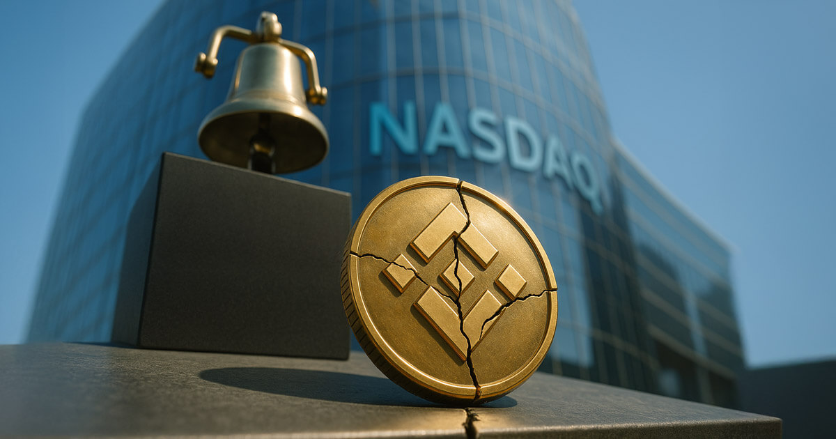 A cracked Binance coin stands before the Nasdaq building with a delisting bell in the background - Cover art/illustration via CryptoSlate. Image includes combined content which may include AI-generated content