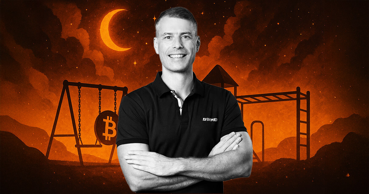 A glowing cosmic playground with cryptocurrency-themed swings and slides under a crescent moonlit sky.