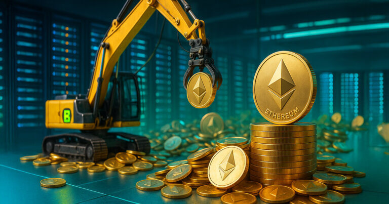 A cavernous, brightly lit data center with teal server aisles glows behind a hyperreal stack of golden Ethereum coins as a yellow excavator—branded with a neon BitMine “B”—hoists another ETH into the growing pile, conveying aggressive accumulation in a vibrant blue–teal–neon-green palette.