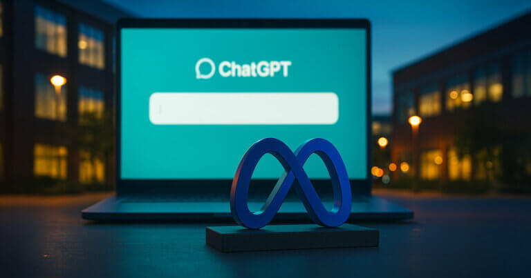 A hyperrealistic 16:9 scene shows an enormous outdoor computer screen displaying a bright ChatGPT prompt box while a glossy metal Meta infinity logo sits prominently in the foreground, with vibrant teal, amber, and magenta lighting for a bold, high-contrast look.