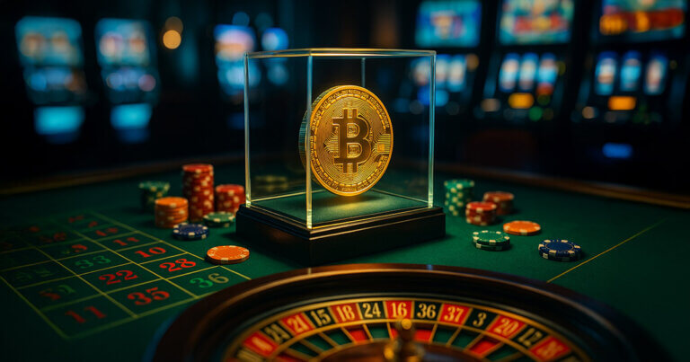 A hyperreal 16:9 scene of a brightly lit casino floor where a glowing golden Bitcoin sits inside a pristine glass display cube atop a vivid emerald roulette table, surrounded by richly colored chips and crisp card edges, with cool blue slot-machine bokeh in the background emphasizing Bitcoin as the ultimate prize.