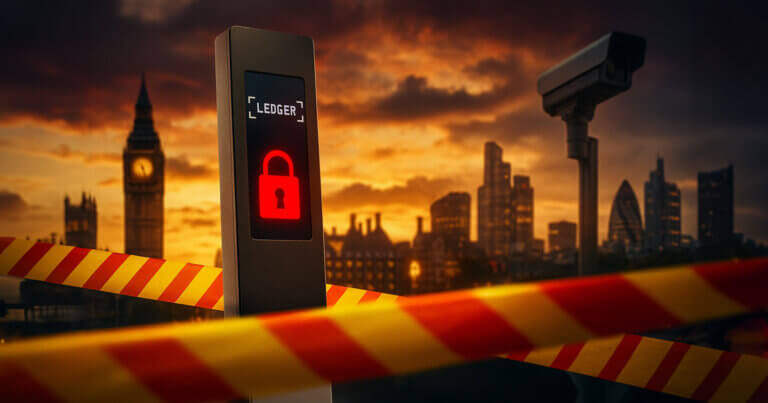 A Ledger hardware wallet with a glowing red padlock icon stands in front of London’s skyline at sunset, surrounded by yellow caution tape and watched by a CCTV camera, symbolizing digital restrictions and surveillance.