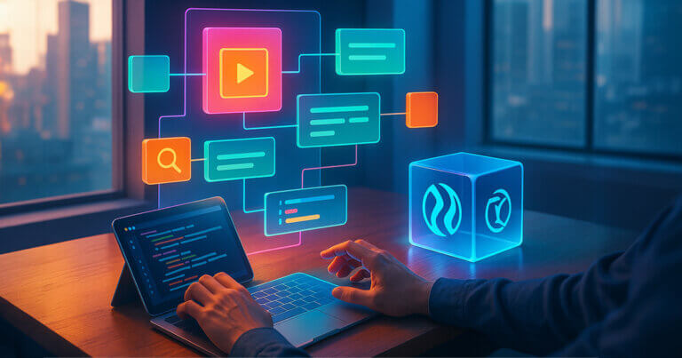 A person works on a laptop and tablet as colorful floating UI elements—icons, search boxes, text blocks, and a play button—hover above the desk, with glowing neon cubes featuring tech-style logos illuminating the scene.