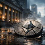 Cracked Ethereum coin lies on a wet street near major financial buildings, symbolizing how an ETH price collapse could ripple into traditional markets and institutions
