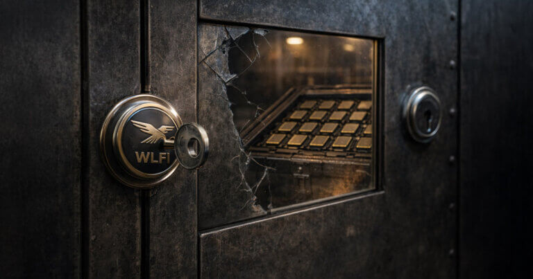 A cracked vault door labeled WLFI revealing digital assets inside, symbolizing reported UAE royal money flowing through a WLFI digital dollar to buy political influence tied to Donald Trump