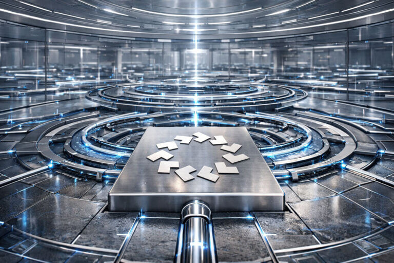Futuristic AI computing hub with a central processing core and data rings, representing OpenServ’s claim of outperforming OpenAI in benchmark tests