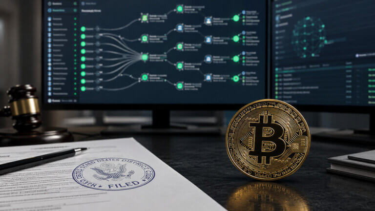 Bitcoin token beside a court filing and blockchain tracing dashboard, illustrating active BTC transfers that challenge claims of abandoned wallets in the Satoshi ownership lawsuit.
