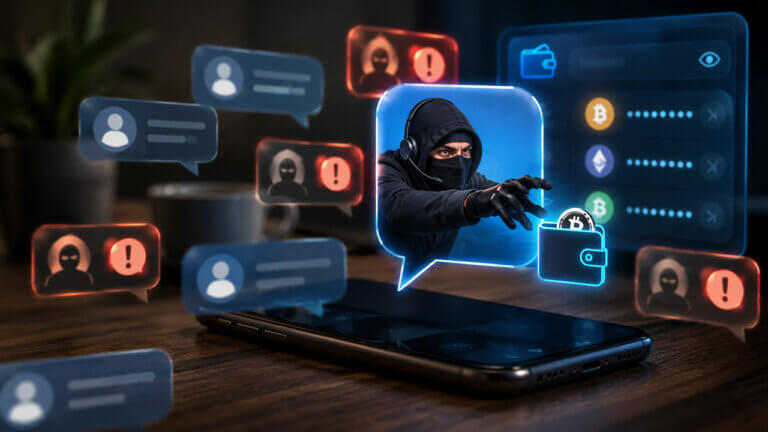Crypto scammer emerging from a mobile chat app targeting Bitcoin and crypto wallets, illustrating phishing scams, impersonation attacks, fake support messages and cryptocurrency theft risks.