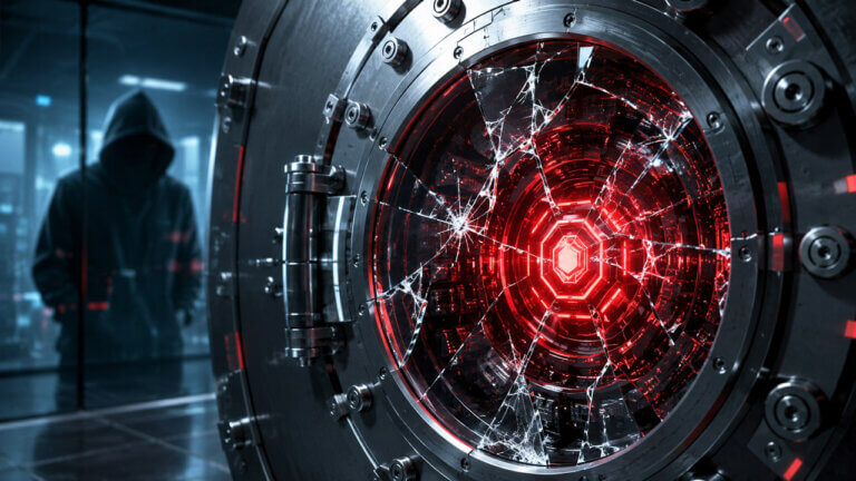 DeFi hack concept showing a glowing red digital cyberattack symbol representing liquidity losses from protocol exploits