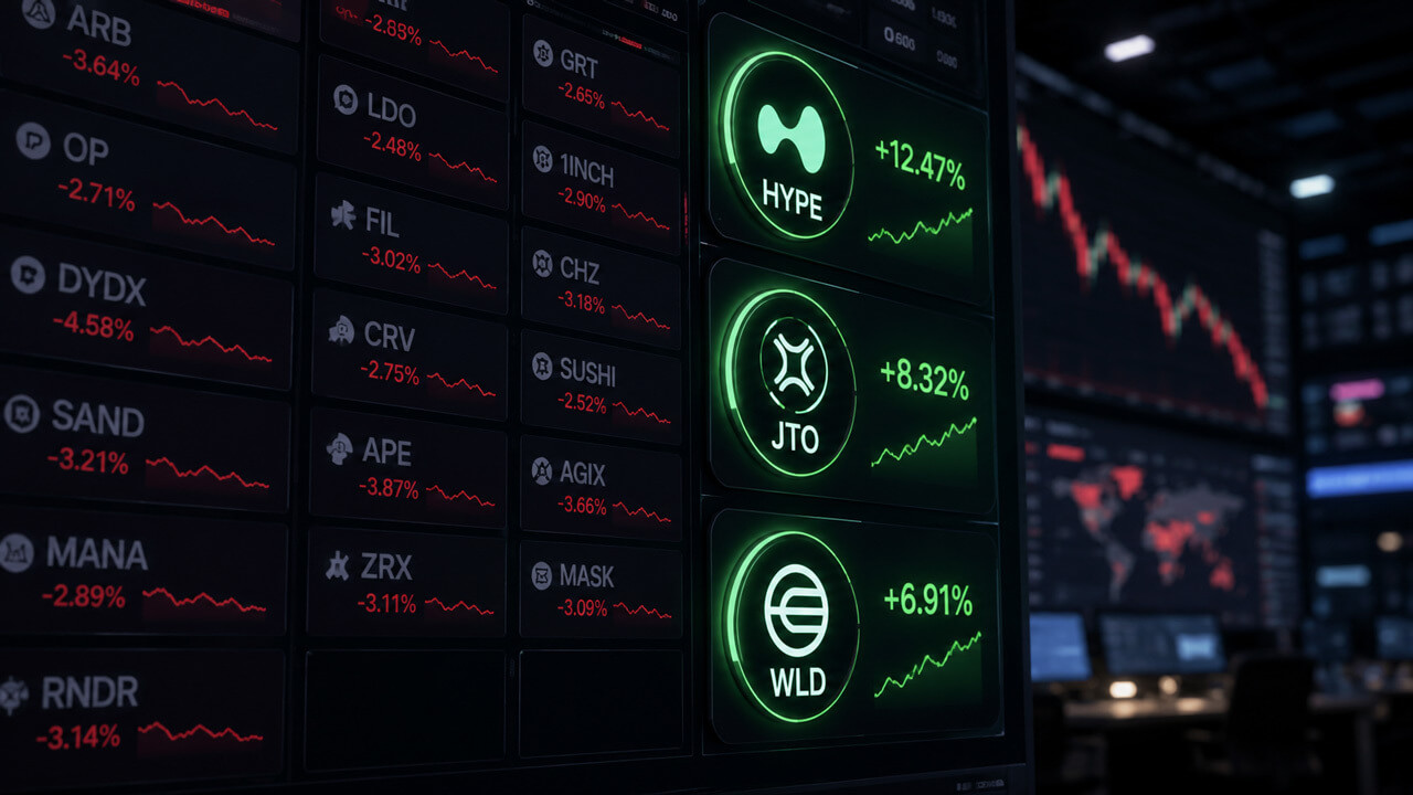 HYPE, JTO, and WLD outperforming the broader crypto market, highlighting how a few standout tokens are rising while most altcoins continue to trend lower.