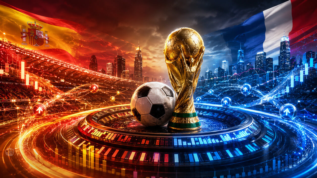 Spain vs France World Cup 2026 prediction market illustrated by the FIFA World Cup trophy, national flags and market performance charts, highlighting match outcome odds, betting probabilities, trading activity and tournament forecasting.