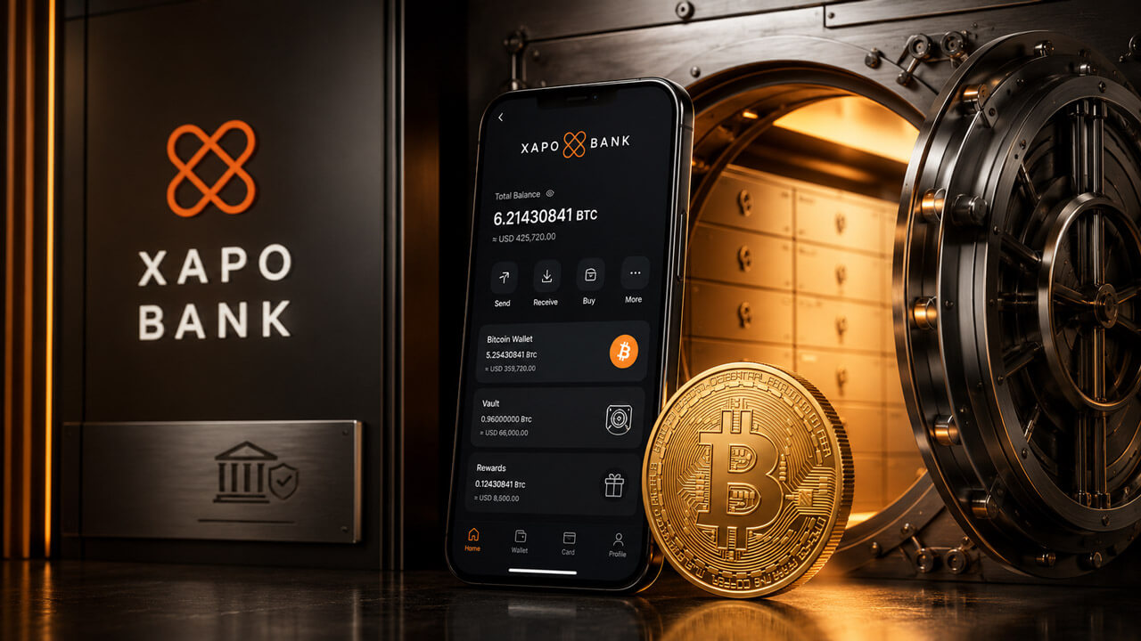 Xapo Bank mobile app displayed beside a Bitcoin vault and bank safe, highlighting secure Bitcoin custody, digital banking, and crypto wealth management services.