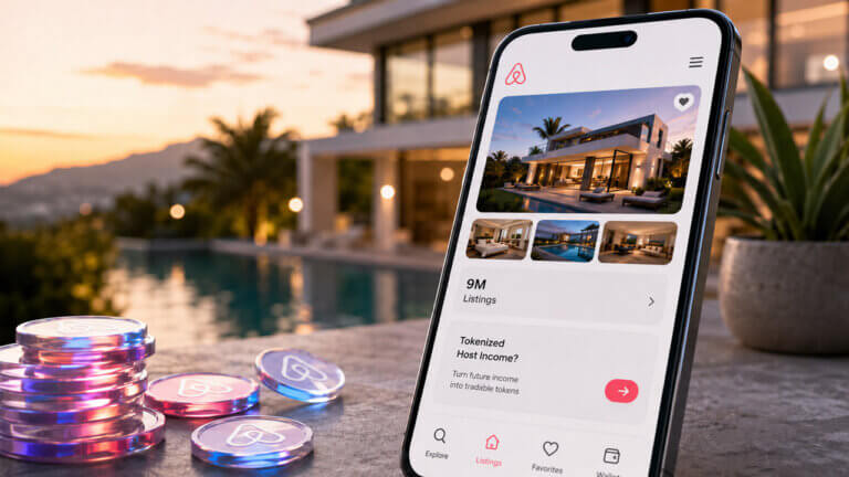 Smartphone displaying 9 million Airbnb listings and a tokenized host income feature beside digital tokens and a luxury rental property.
