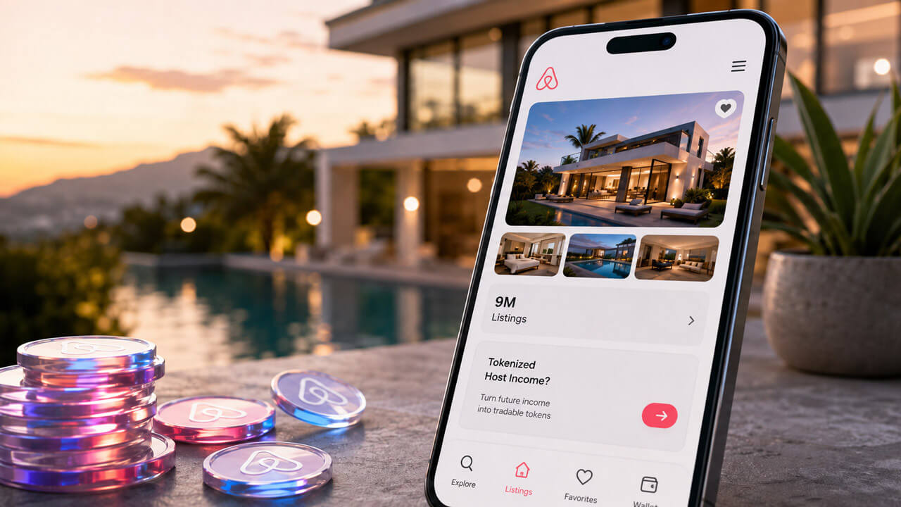 Smartphone displaying 9 million Airbnb listings and a tokenized host income feature beside digital tokens and a luxury rental property.