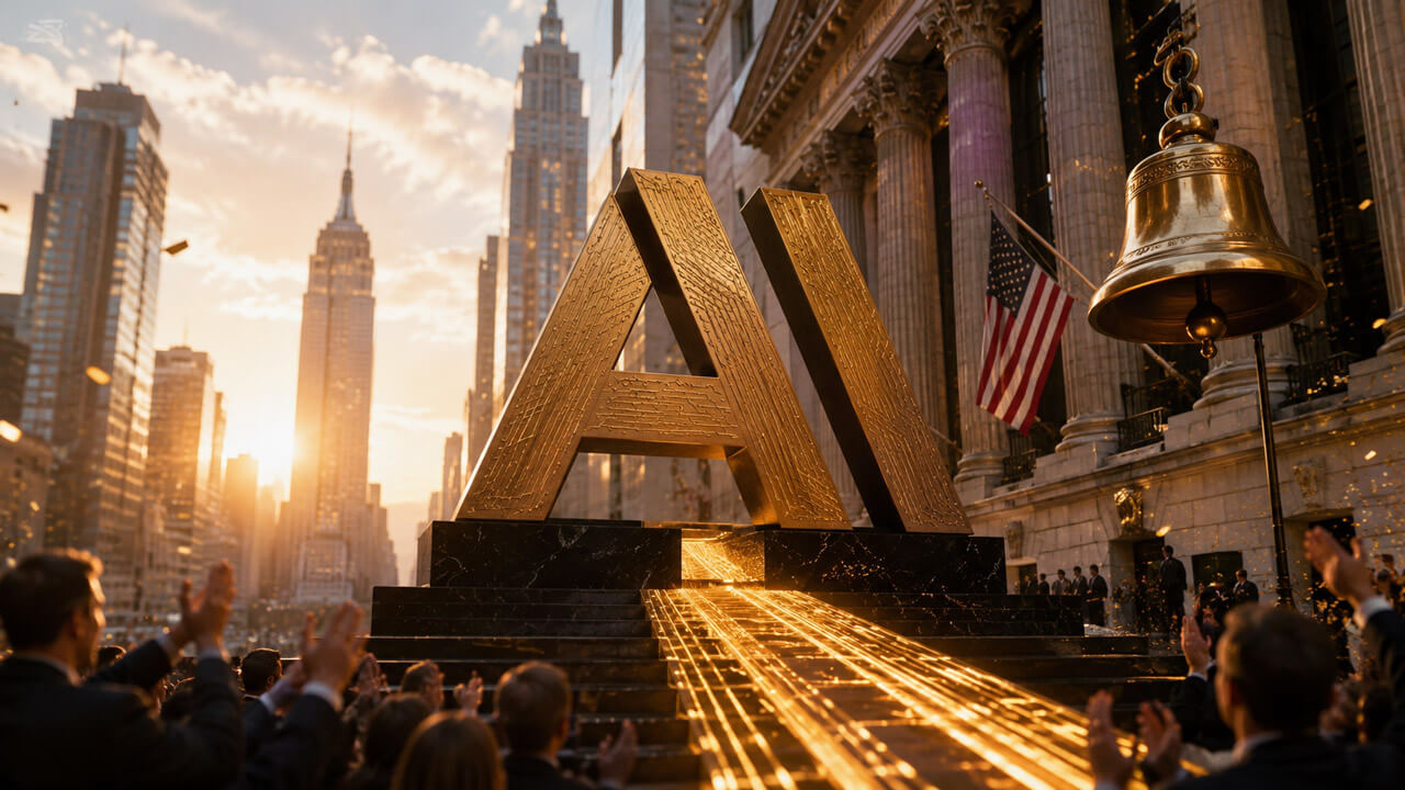 Monumental gold AI symbol beside the opening bell and Wall Street exchange building during a celebratory public-market debut.