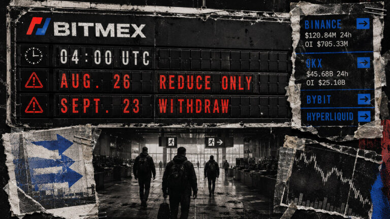 Distressed BitMEX departure board displays the August 26 reduce-only deadline and September 23 withdrawal cutoff above traders leaving an exchange terminal.