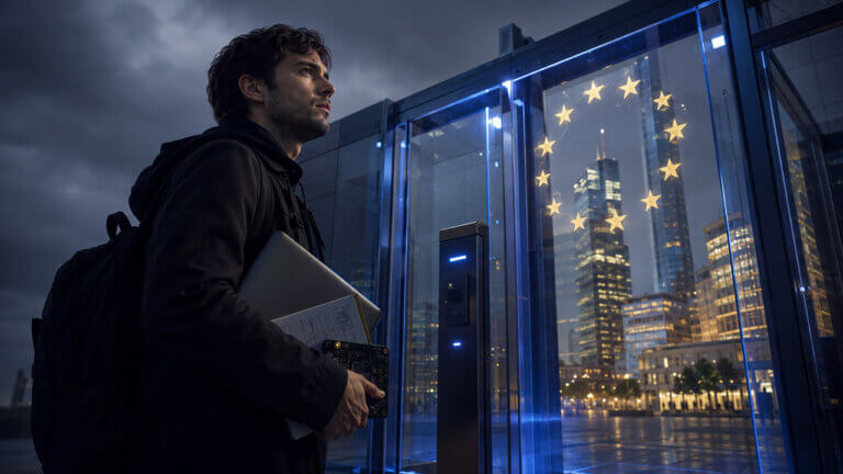 Crypto startup founder carrying a laptop and prototype equipment toward a glass EU compliance checkpoint overlooking a European financial district.