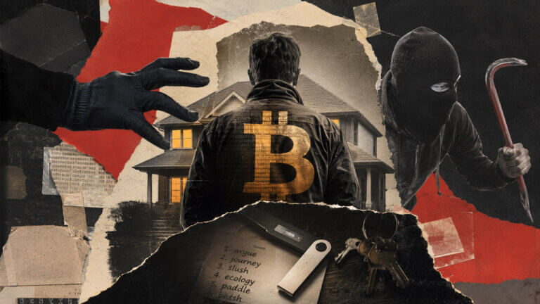 Mixed-media editorial image of a crypto holder standing outside a suburban home with a Bitcoin symbol on his back as masked intruders close in from both sides.
