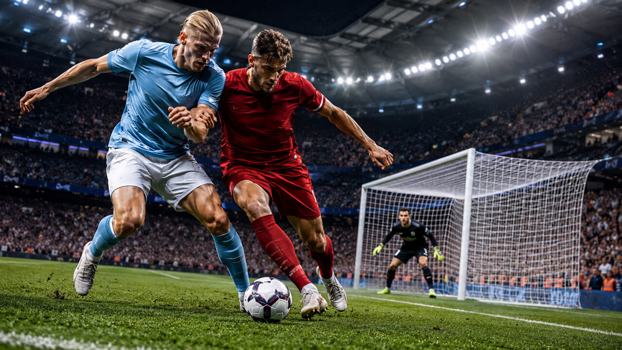 Two elite football players battling for possession near goal during an intense English league match inside a packed stadium.