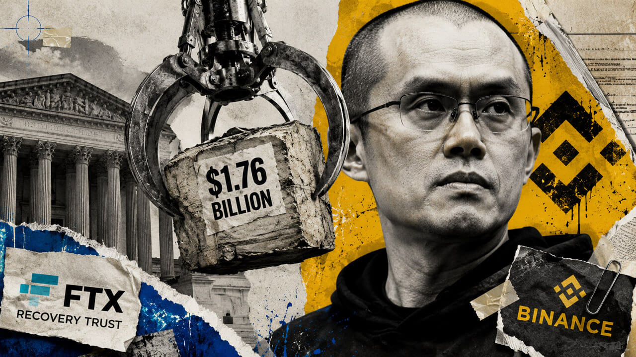 Changpeng Zhao beside a claw gripping a $1.76 billion block, with FTX Recovery Trust and courthouse collage elements.