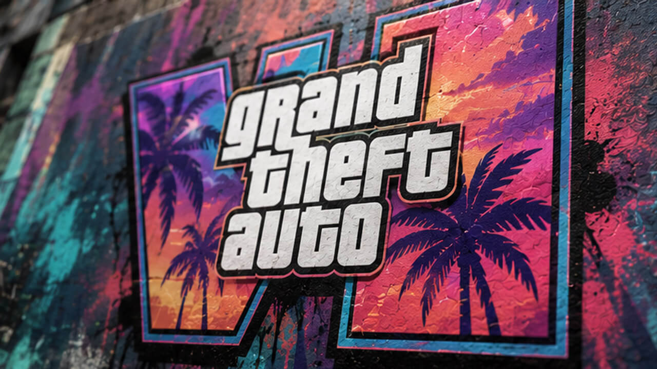 Close-up of the GTA VI logo mural featuring a vibrant tropical sunset, palm trees, and colorful graffiti-style artwork on a textured wall.