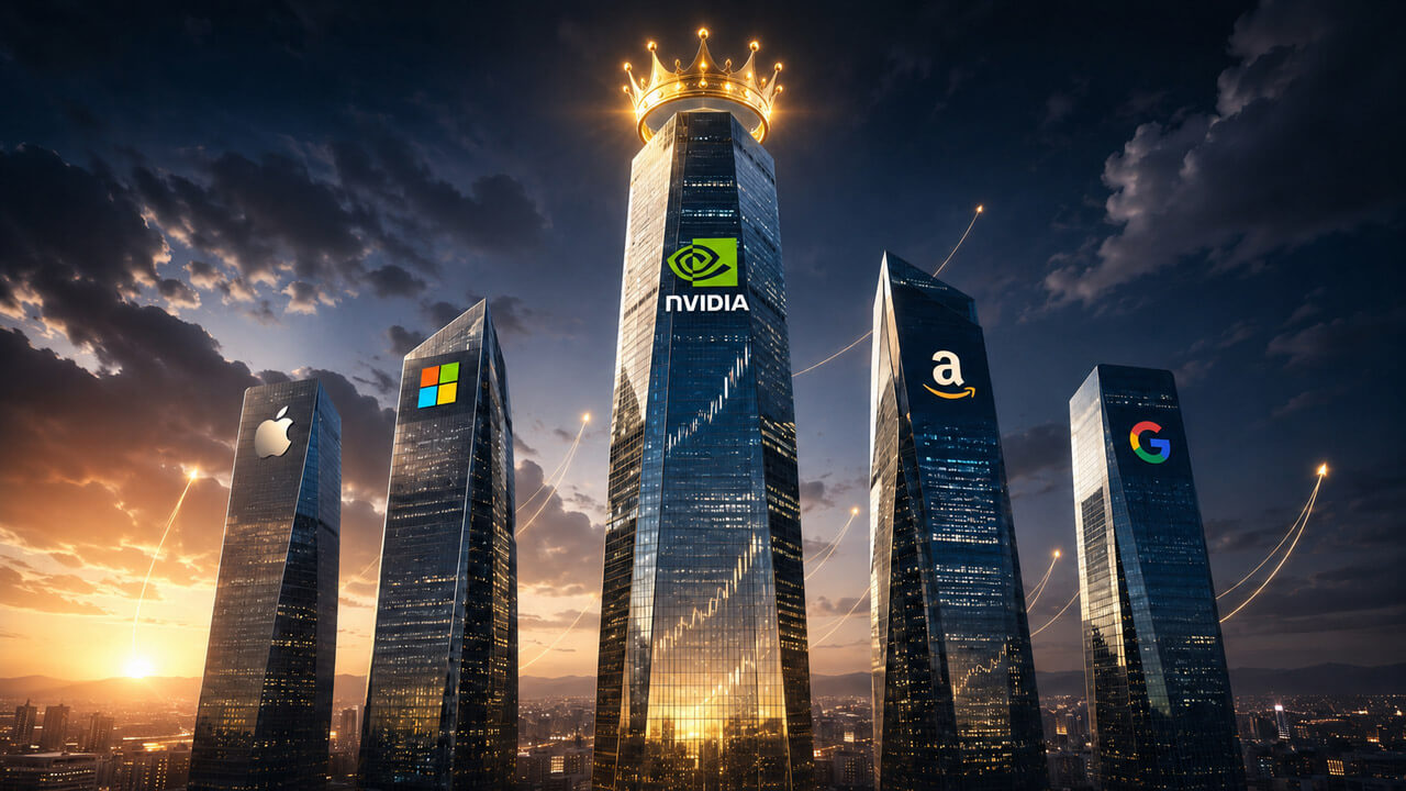 Crowned corporate skyscraper towering above Apple, Microsoft, Amazon, and Google buildings as rising market lines cross a dramatic sunset skyline.