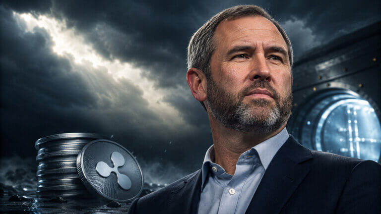 Ripple CEO Brad Garlinghouse standing beside XRP coins and a vault under storm clouds, symbolizing the company’s survival during the SEC lawsuit.