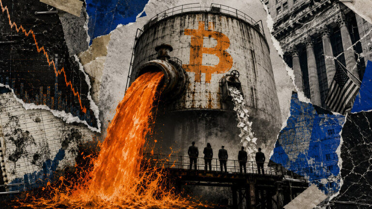 Editorial collage showing orange Bitcoin-like liquidity pouring from a distressed industrial storage tank while investors watch, symbolizing Smarter Web’s Bitcoin sale and shrinking treasury exposure.