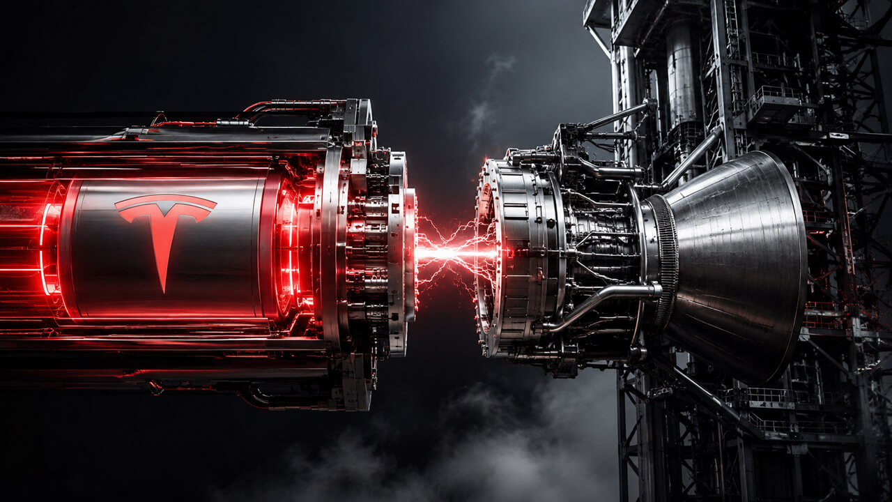 Tesla-branded battery system connecting with a large rocket engine through red electrical energy, representing a possible Tesla and SpaceX merger.
