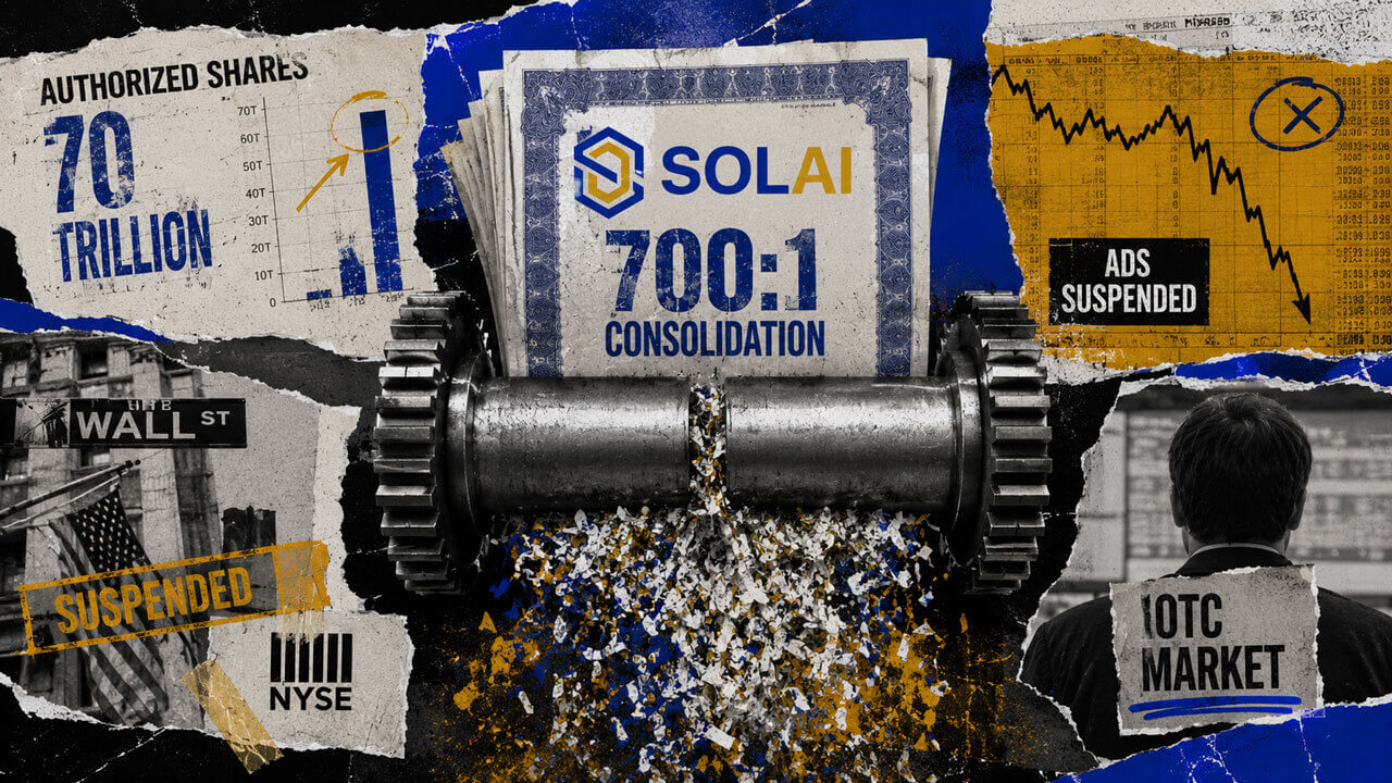 SOLAI logo on a massive reservoir holding 70 trillion authorized shares, with a narrow 700:1 outlet and NYSE suspension debris below.