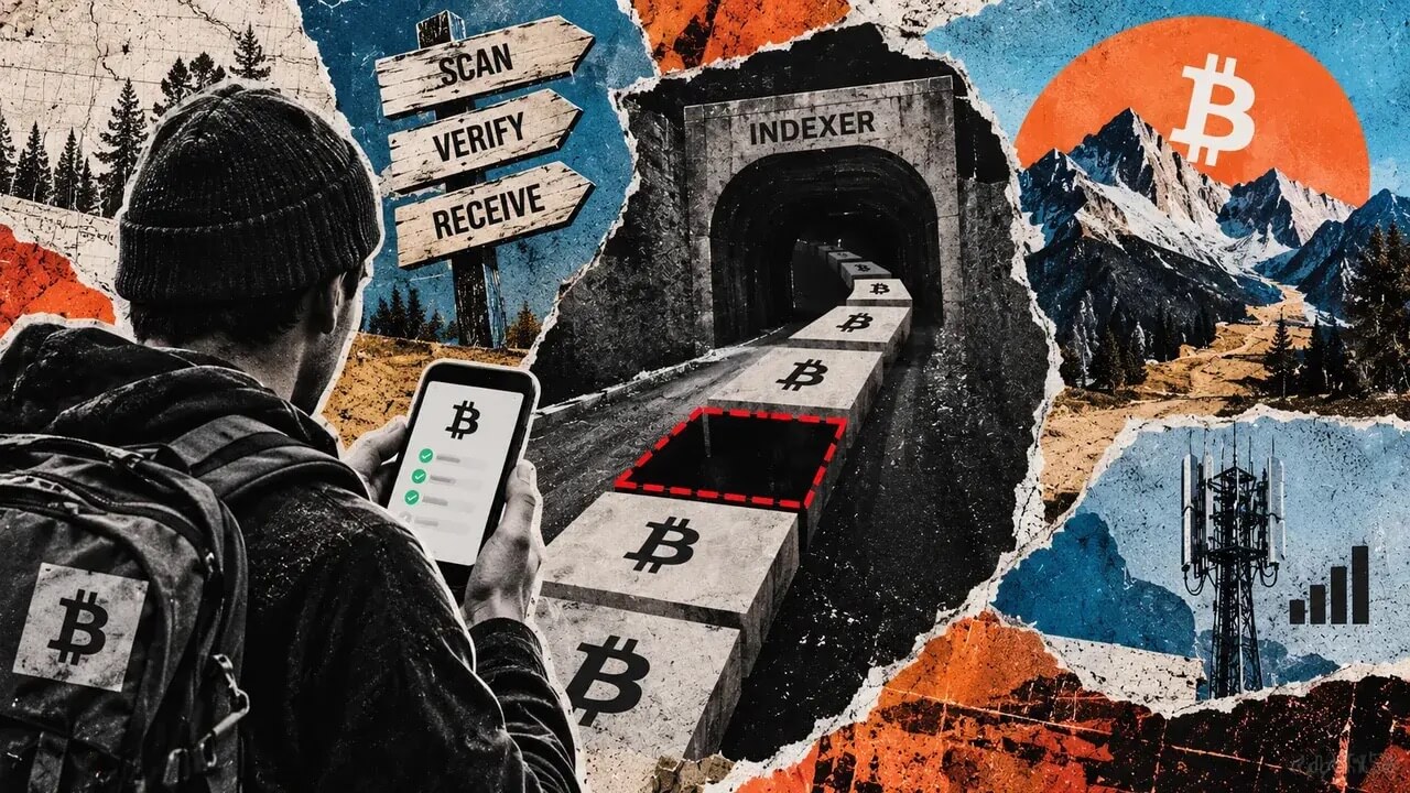 Bitcoin transaction cards move along an indexer conveyor while one payment is removed, leaving a wallet unable to find the missing receipt.