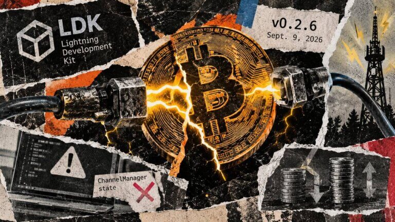 Bitcoin Lightning collage showing a cracked Bitcoin symbol, LDK v0.2.6 patch details, node-state risk, and network connections.