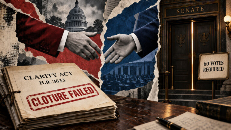 Editorial collage of a CLARITY Act dossier stamped “Cloture Failed,” separated bipartisan hands, and closed Senate doors beside a “60 Votes Required” sign.