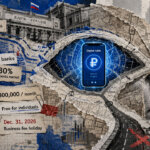Human profile built from maps frames a digital ruble wallet as Bank of Russia rollout routes split between access, choice, and delays.