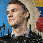 Fred Ehrsam’s face merges with Boca, Guico, and Guara oil-field map lines above refineries and Venezuelan state imagery.