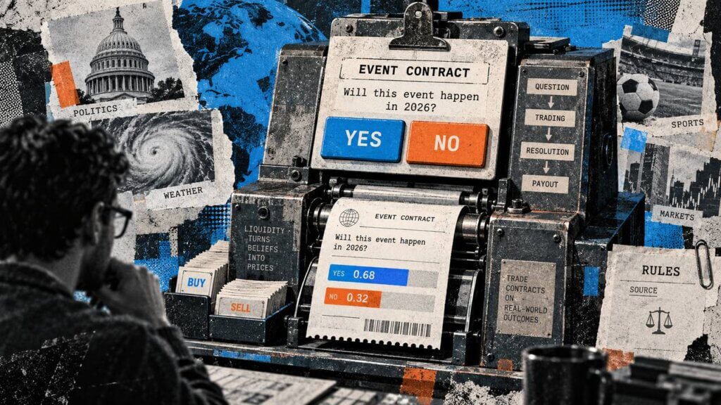Prediction market machine shows YES and NO event contracts, buy and sell choices, probability pricing, rules, and payout stages.