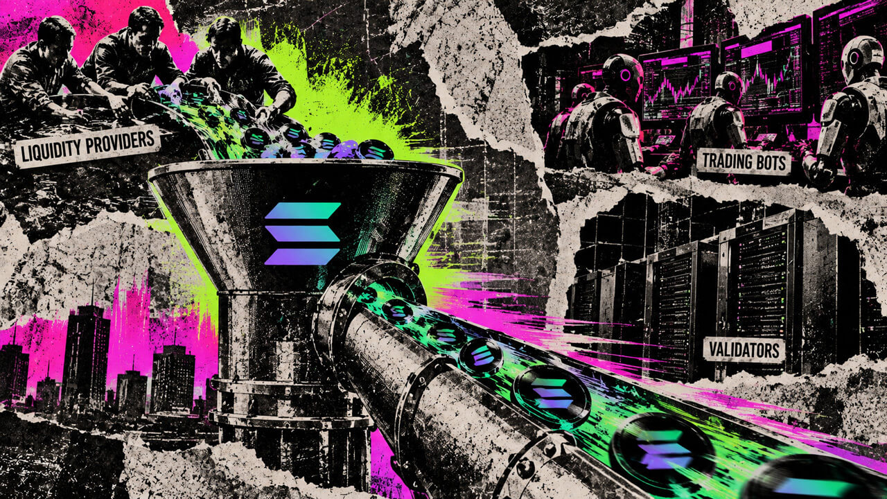 Gritty punk collage of Solana liquidity flowing through an industrial funnel as trading bots and validators surround the system.