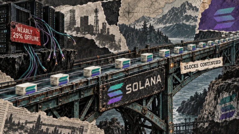Editorial collage of Solana blocks crossing an intact bridge beside disconnected validator servers, illustrating continued block production during an infrastructure outage.