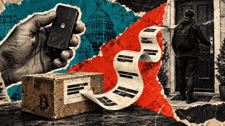 A hand holds an intact hardware wallet as a redacted shipping label unrolls from a parcel toward a person at a front door.